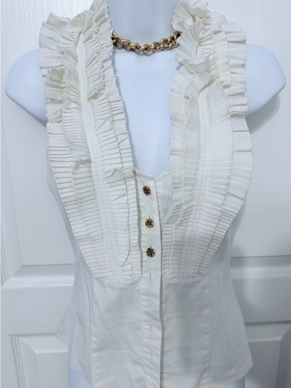 bebe Cream Ruffle-Front Sleeveless Blouse